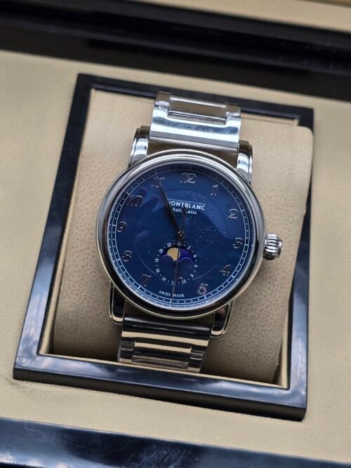 Montblanc — esfera azul con fases lunares y brazalete de acero