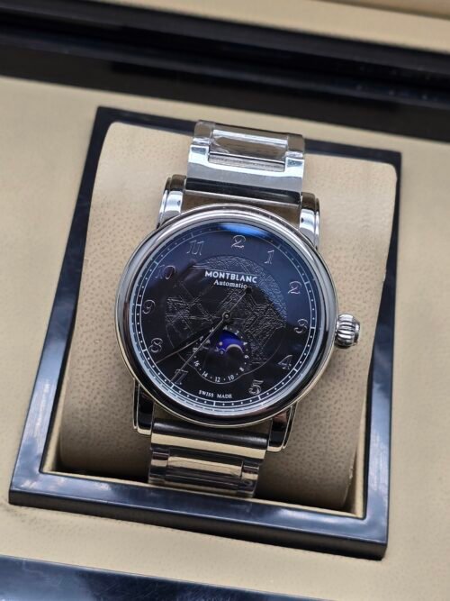 Montblanc — esfera negra con mapa, fases lunares y brazalete de acero