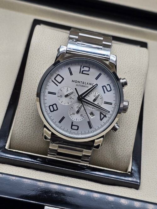 Montblanc — cronógrafo con esfera blanca y números grandes, brazalete de acero