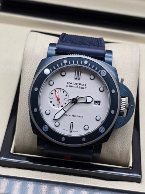 Panerai — esfera blanca, bisel azul y correa de tela azul oscura
