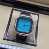 Patek Philippe — caja octagonal pequeña, esfera azul celeste y correa de caucho negra