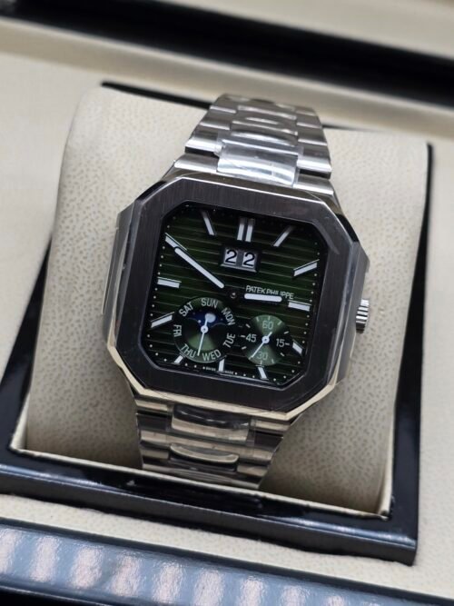 Patek Philippe — caja octagonal, esfera verde con fases lunares y brazalete de acero