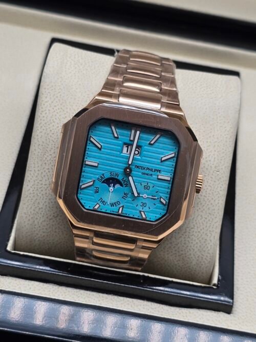 Patek Philippe — caja octagonal oro rosa, esfera turquesa con fases lunares y brazalete oro rosa