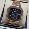 Patek Philippe — caja octagonal oro rosa, esfera negra con fases lunares y brazalete oro rosa