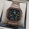 Patek Philippe — caja octagonal oro rosa, esfera verde con fases lunares y brazalete oro rosa