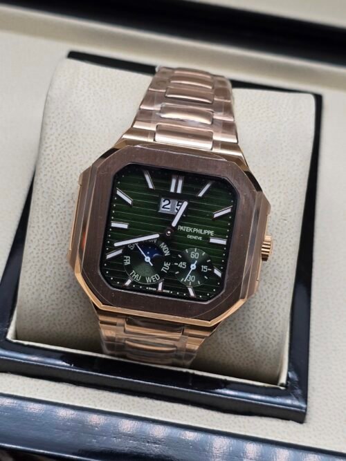 Patek Philippe — caja octagonal oro rosa, esfera verde con fases lunares y brazalete oro rosa