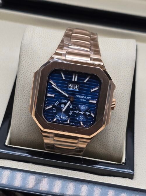 Patek Philippe — caja octagonal oro rosa, esfera azul con fases lunares y brazalete oro rosa