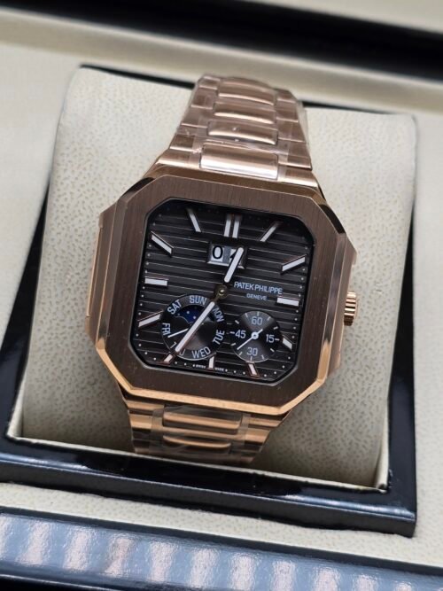 Patek Philippe — caja octagonal oro rosa, esfera negra con fases lunares y brazalete oro rosa