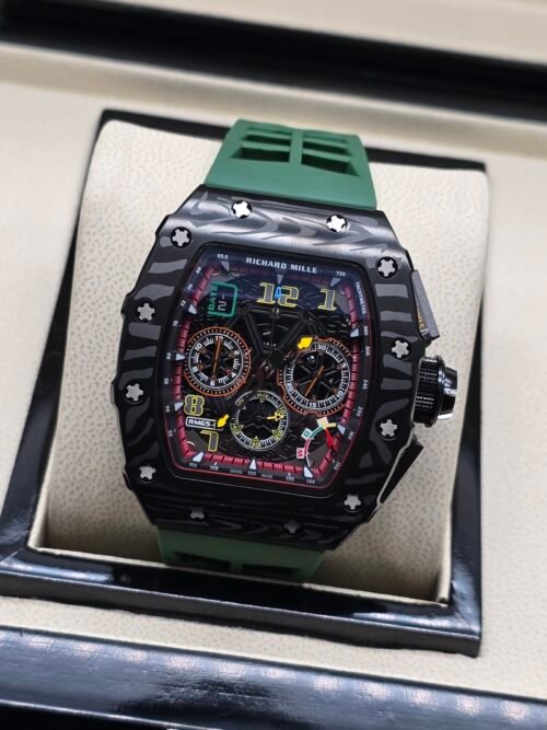Richard Mille — esfera esqueleto multicolor, caja de carbono y correa de caucho verde