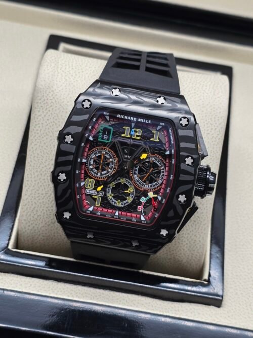 Richard Mille — esfera esqueleto multicolor, caja de carbono y correa de caucho negra