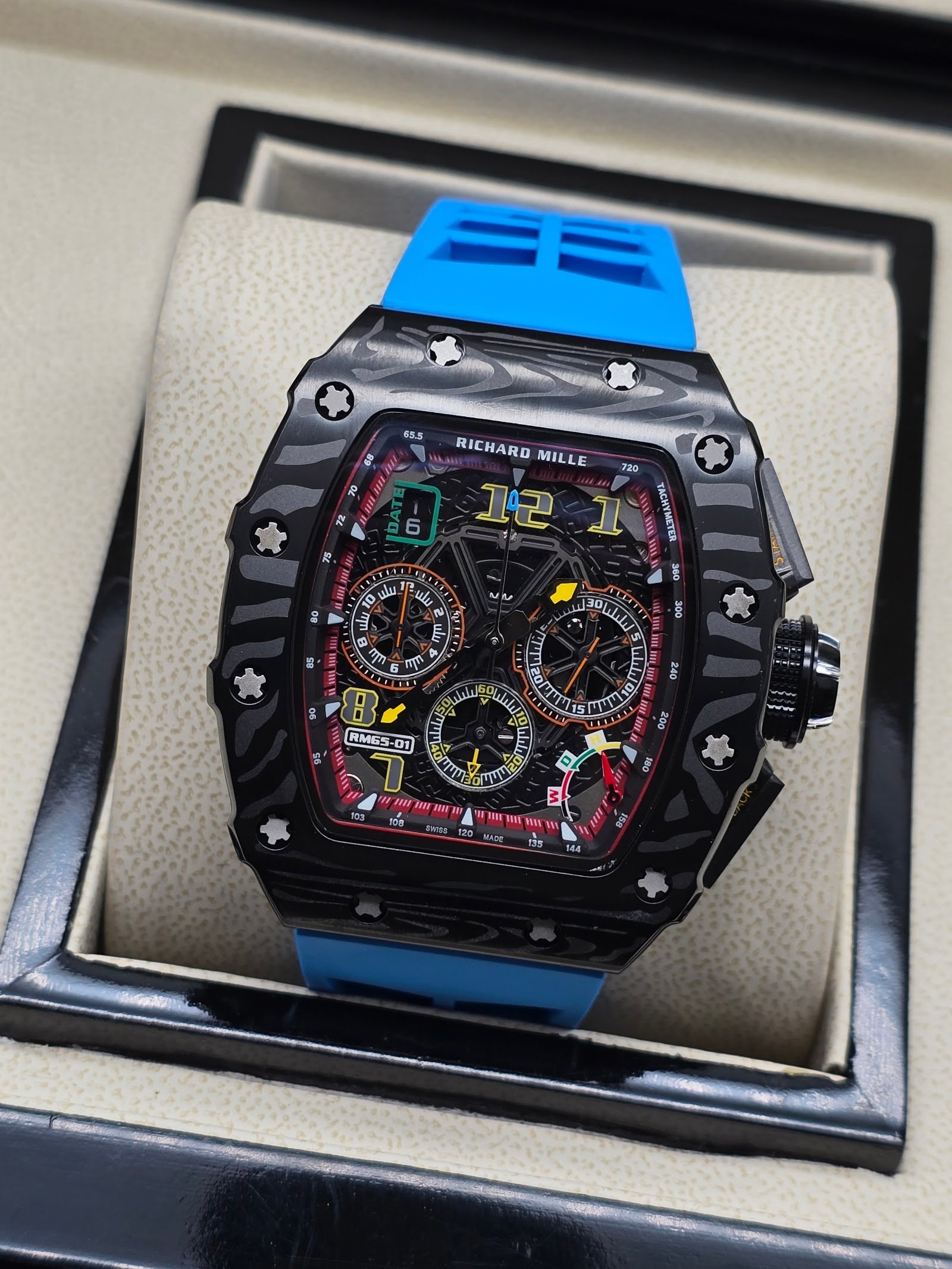 Richard Mille — esfera esqueleto multicolor, caja de carbono y correa de caucho azul