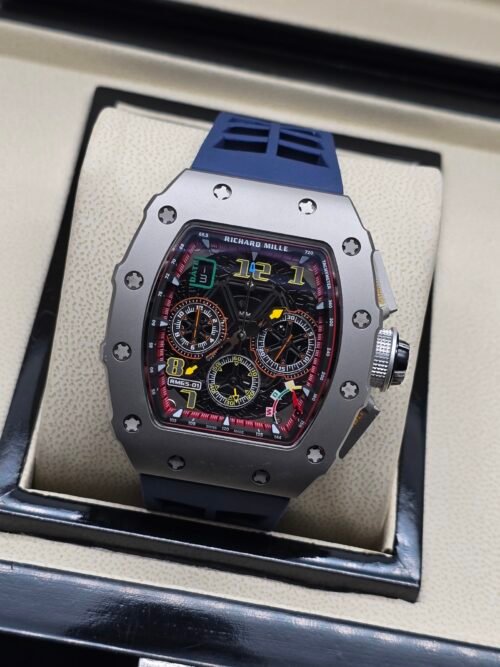 Richard Mille — esfera esqueleto multicolor, caja de acero y correa de caucho azul oscura