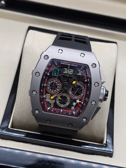 Richard Mille — esfera esqueleto multicolor, caja de acero y correa de caucho negra