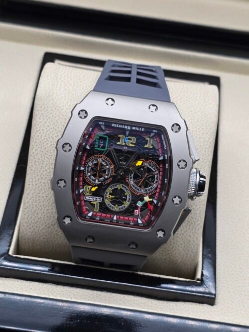 Richard Mille — esfera esqueleto multicolor, caja de acero y correa de caucho gris