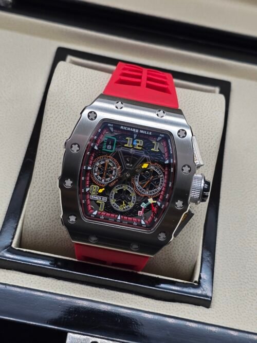 Richard Mille — esfera esqueleto multicolor, caja de acero pulida y correa de caucho roja