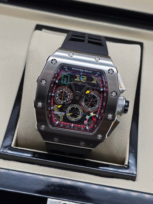 Richard Mille — esfera esqueleto multicolor, caja de acero pulida y correa de caucho negra