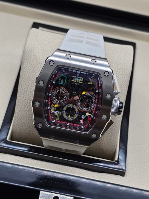 Richard Mille — esfera esqueleto multicolor, caja de acero y correa de caucho blanca