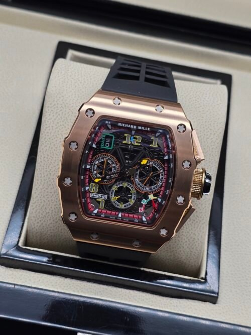 Richard Mille — esfera esqueleto multicolor, caja oro rosa y correa de caucho negra