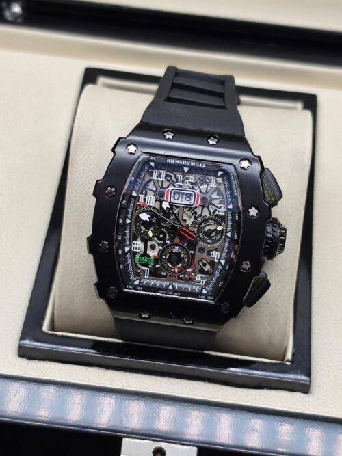 Richard Mille — cronógrafo esqueleto, caja negra y correa de caucho negra