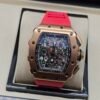 Richard Mille — cronógrafo esqueleto, caja oro rosa y correa de caucho roja