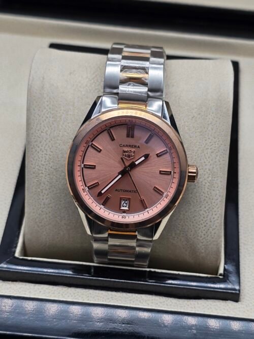 TAG Heuer — esfera rosada, bisel oro rosa y brazalete de acero