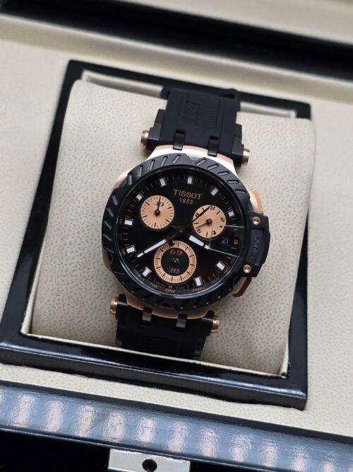 Tissot — cronógrafo con esfera negra y subesferas oro rosa, correa negra