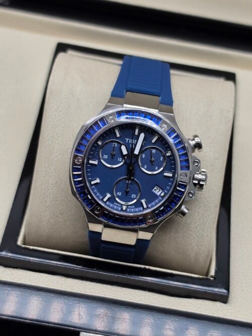 Tissot — cronógrafo con esfera azul, bisel de piedras azules y correa azul