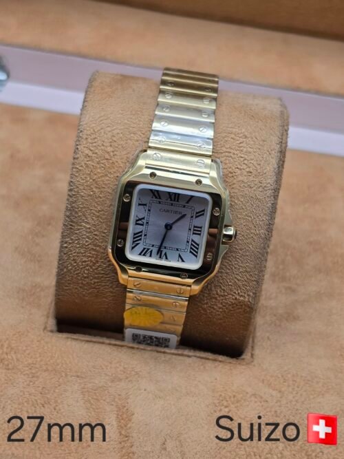 Cartier — esfera blanca con números romanos y brazalete bicolor dorado